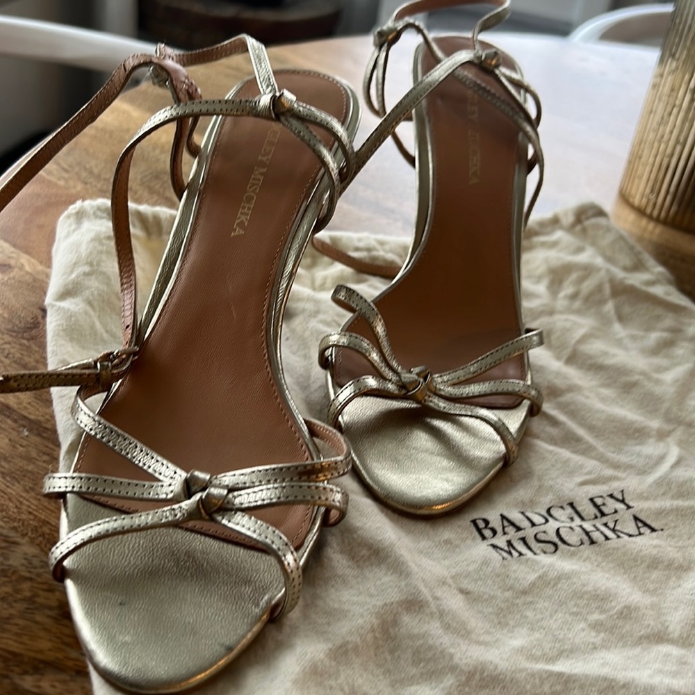 Badgley Mischka metallic gold strapped ankle wrap sandals